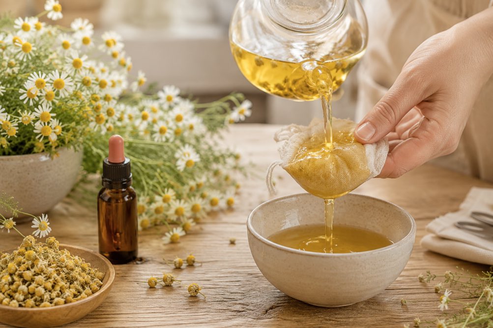 Preparazione di un infuso di camomilla con fiori freschi ed essiccati, boccetta con contagocce e applicazione di un impacco con garza di cotone in ambiente luminoso e naturale.