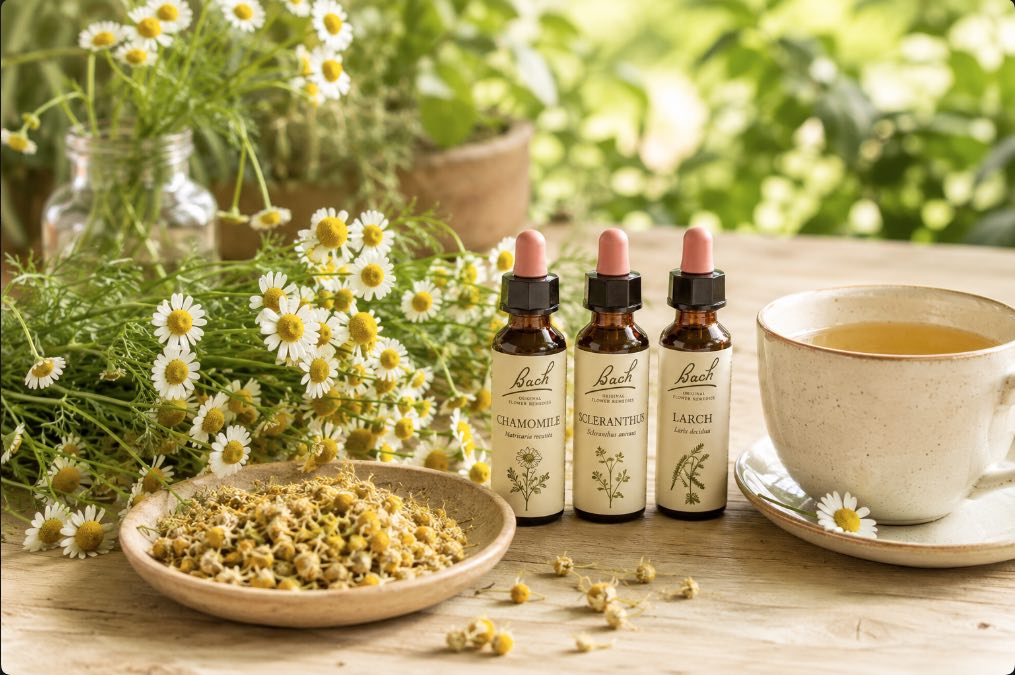 Infuso di camomilla e boccetta di Fiori di Bach per la cura dell'infiammazione della Dott.ssa Loredana Leonforte