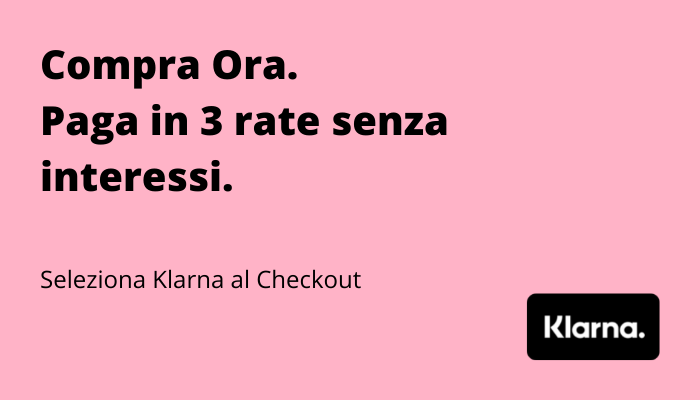 banner di klarna scritte nere su sfondo rosa con compra ora