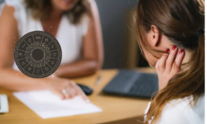 Due donne durante una consulenza astrologica, con un cerchio zodiacale in sovraimpressione.