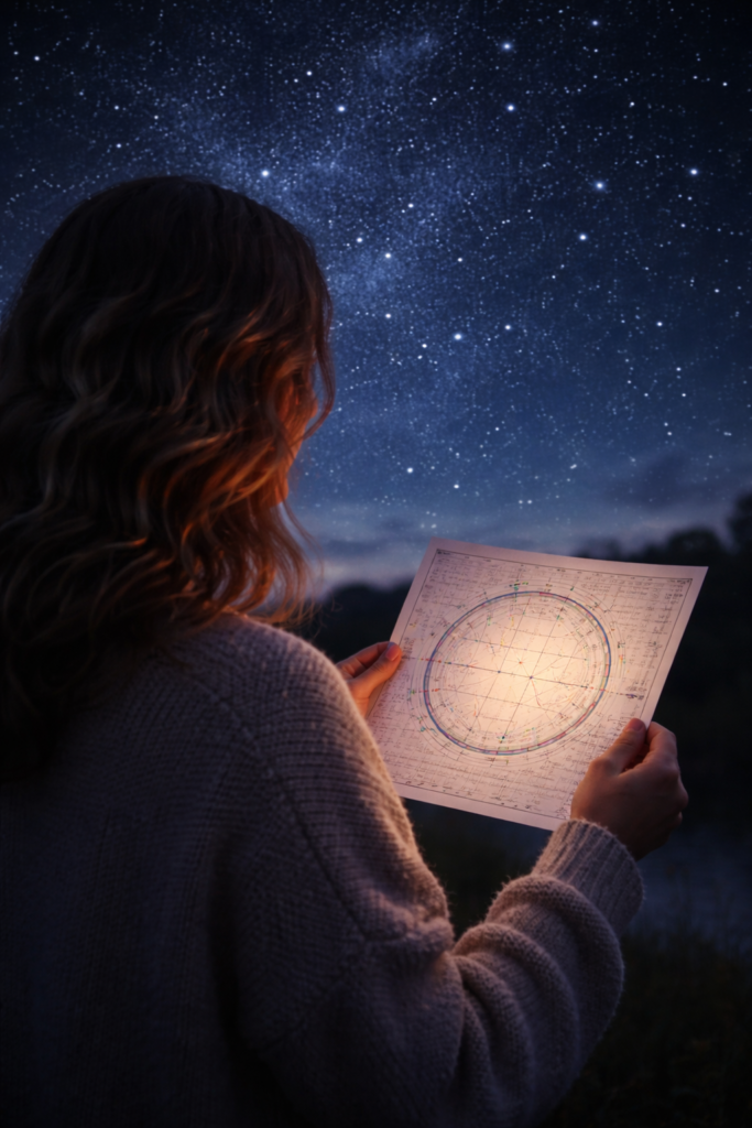 Donna che osserva il cielo stellato mentre tiene in mano il proprio tema natale astrologico