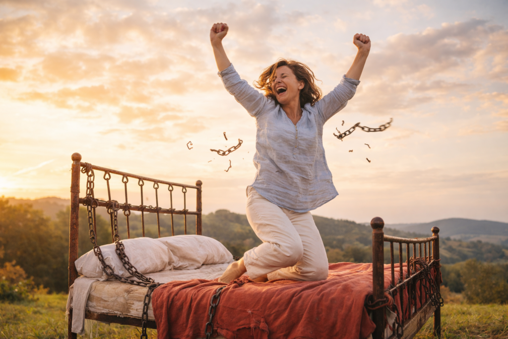 Donna che si libera dal letto di Procuste rompendo le catene, simbolo fotografico di libertà e individualità.