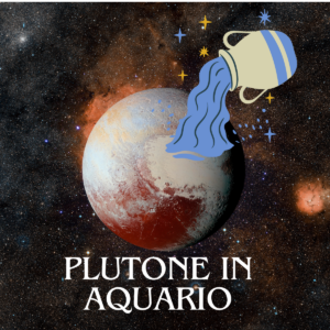 Plutone in Acquario rappresentato simbolicamente con pianeta e segno zodiacale su sfondo cosmico, trasformazione e cambiamento collettivo