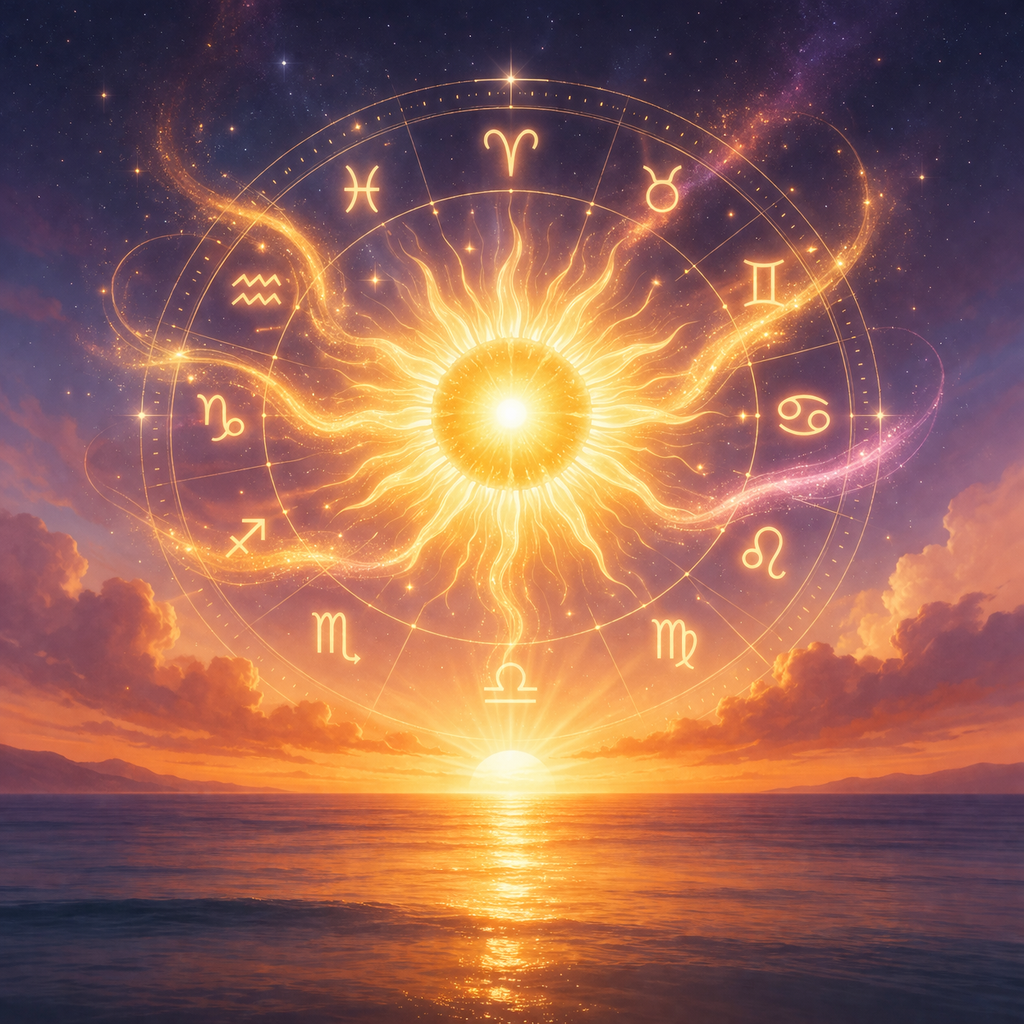 rivoluzione solare astrologia sole al centro del cerchio zodiacale con alba sul mare simbolo di rinascita e nuovo ciclo annuale