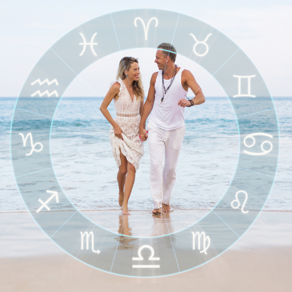 Grafico astrologico di sinastria che mostra la relazione tra due carte natali, simbolo di connessioni affettive e dinamiche relazionali