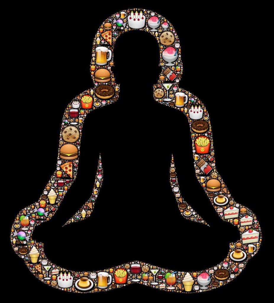 Silhouette di una persona in meditazione composta da alimenti, immagine simbolica della consapevolezza e del rapporto con il cibo e le dipendenze.