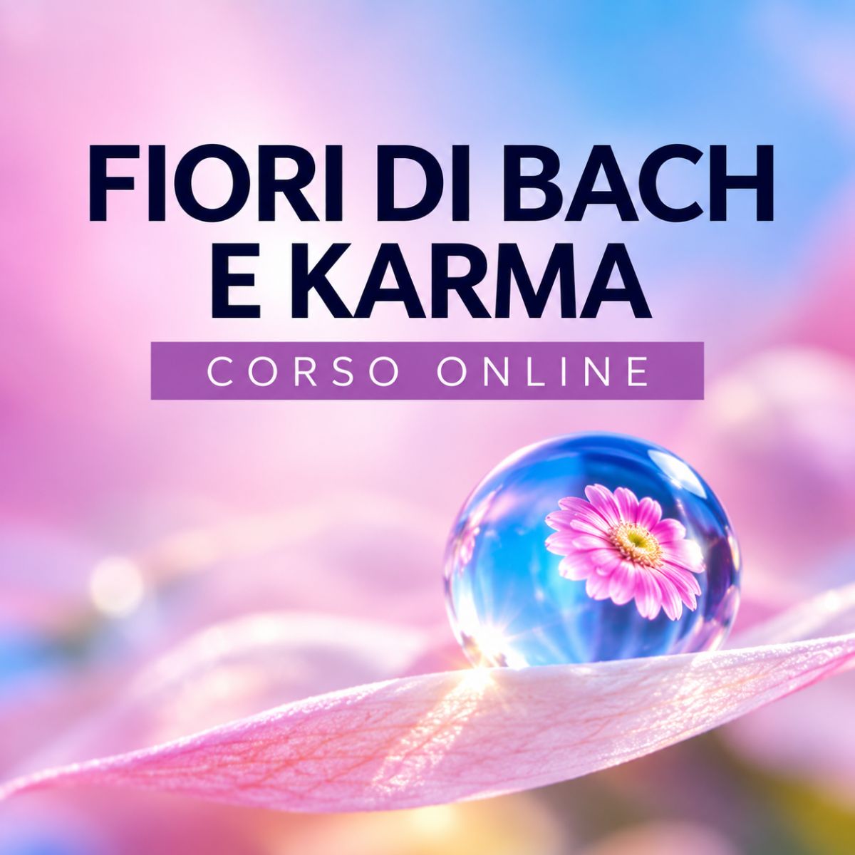 Banner del corso online Fiori di Bach e Karma con una goccia d'acqua che riflette un fiore rosa, dedicato all'integrazione tra Fiori di Bach, astrologia e consapevolezza.