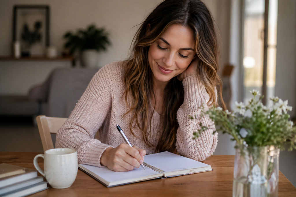 Donna che scrive su un quaderno sorridendo, in un momento di calma e riflessione per definire nuovi propositi