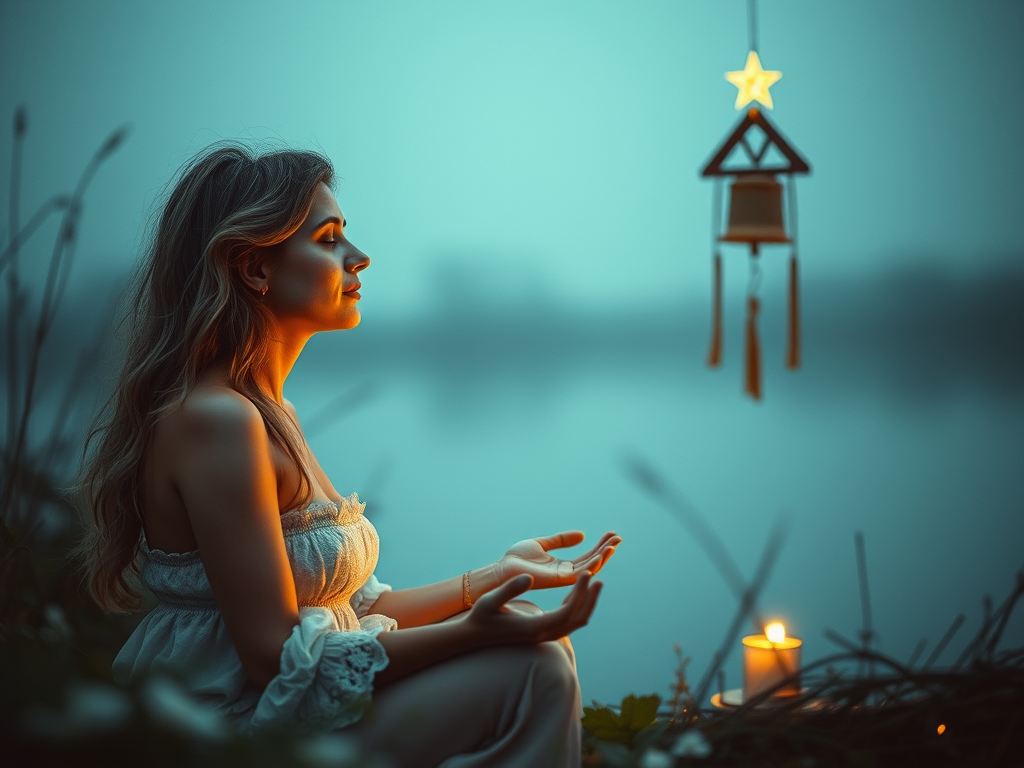 Illustrazione di un rito natalizio con una donna in meditazione accanto a una candela e a simboli del Solstizio d'Inverno, dedicata alla spiritualità e al rinnovamento interiore.