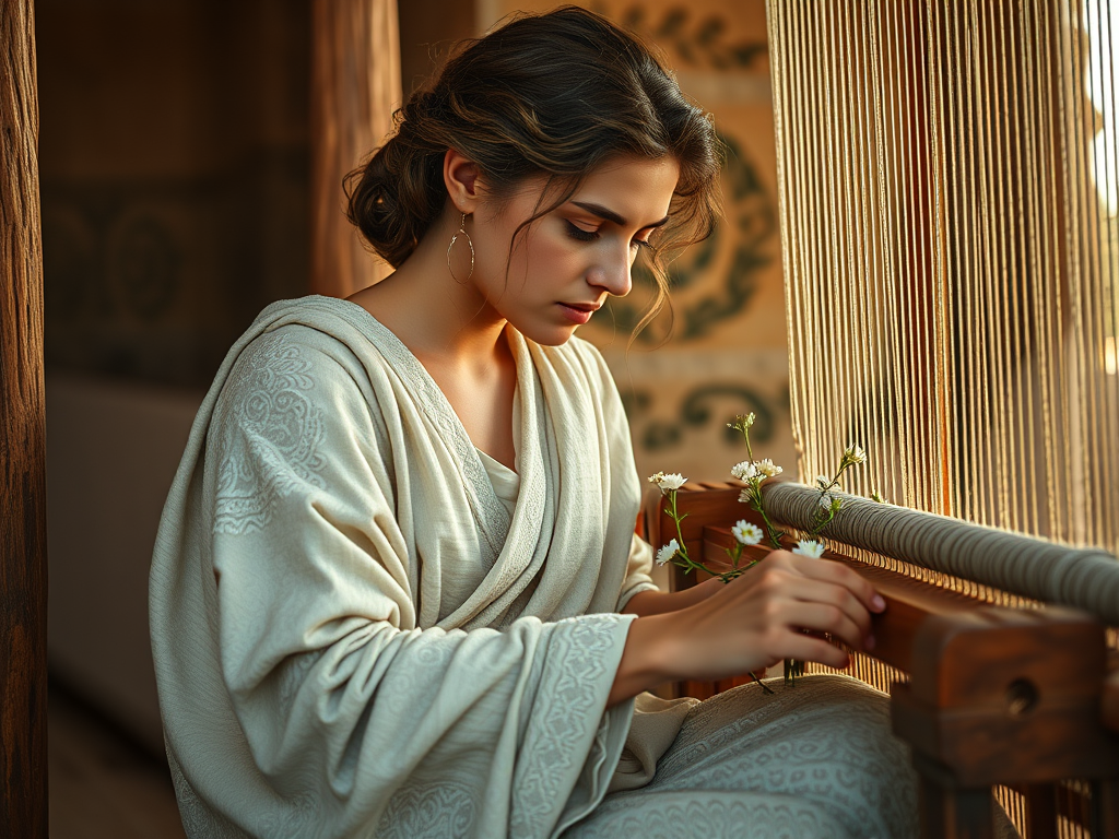 Donna che tesse al telaio simbolo della sindrome di Penelope attesa interiore e introspezione legata al fiore Water Violet