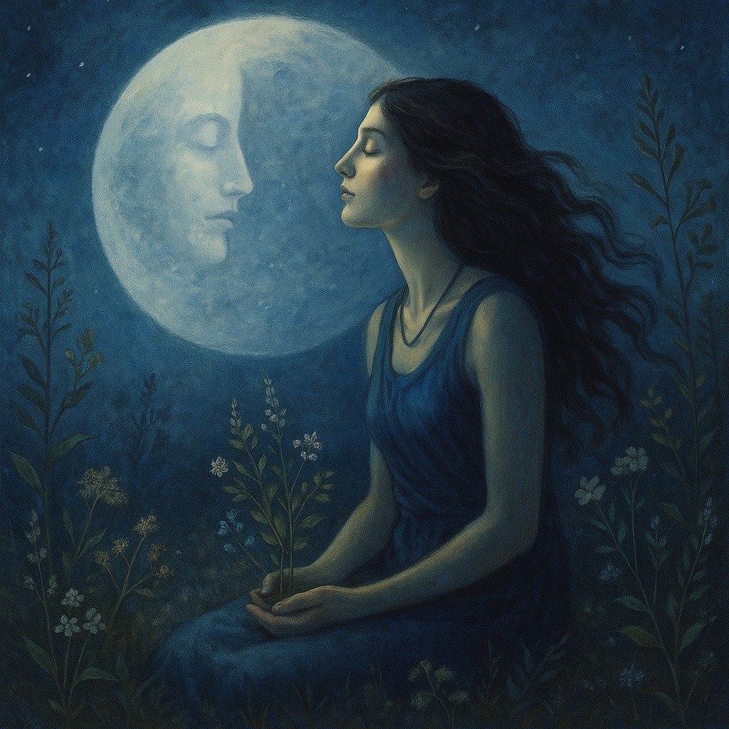 Donna in meditazione notturna alla luce della Luna Piena, simbolo di trasformazione interiore e risveglio spirituale.