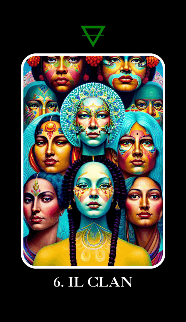 Illustrazione della carta "Il Clan" delle carte MAA, con volti femminili simbolici che rappresentano la forza e la memoria delle donne ancestrali.