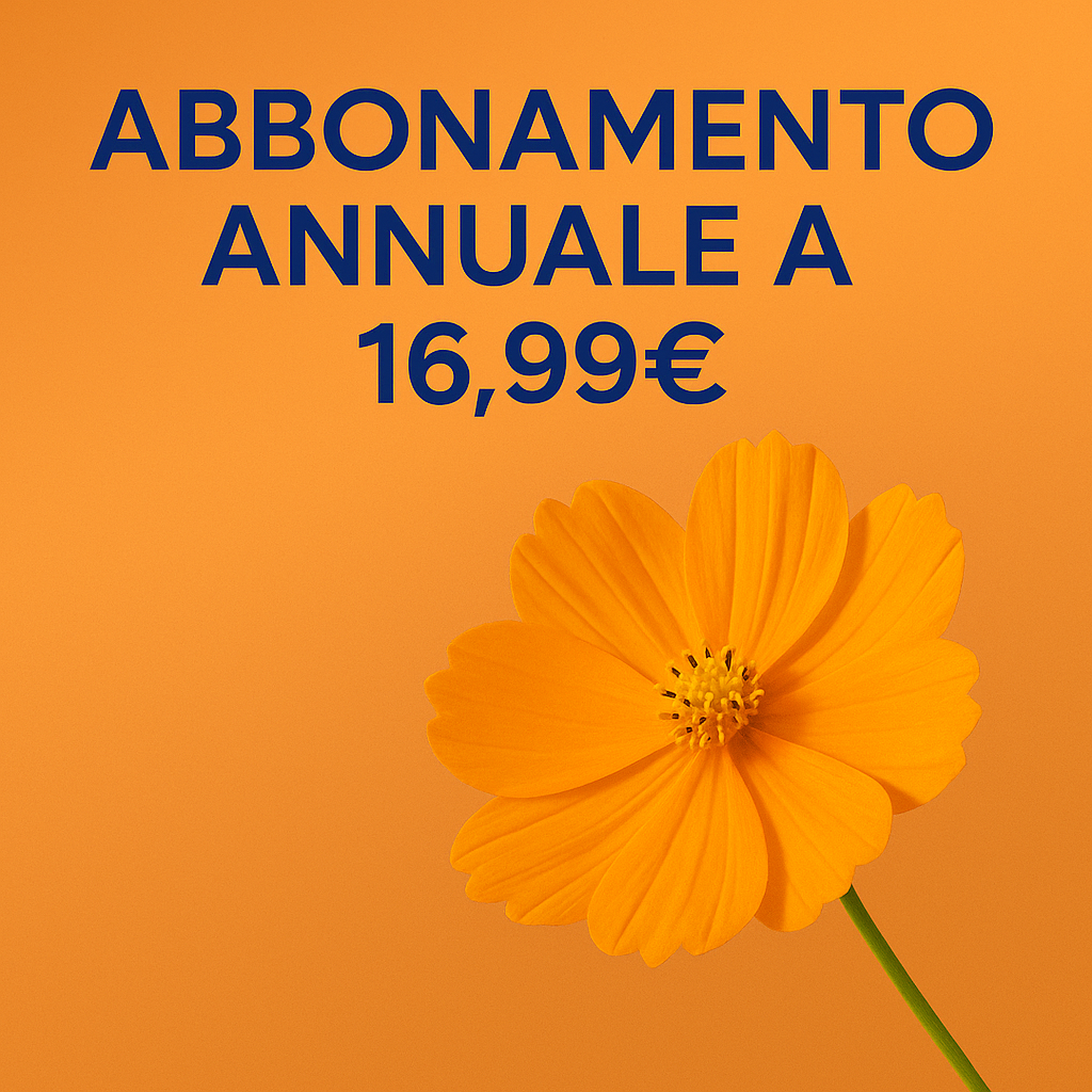 Immagine promozionale dell’abbonamento annuale arancione da 16,99€ con accesso alle lezioni archivio e alle nuove lezioni online.