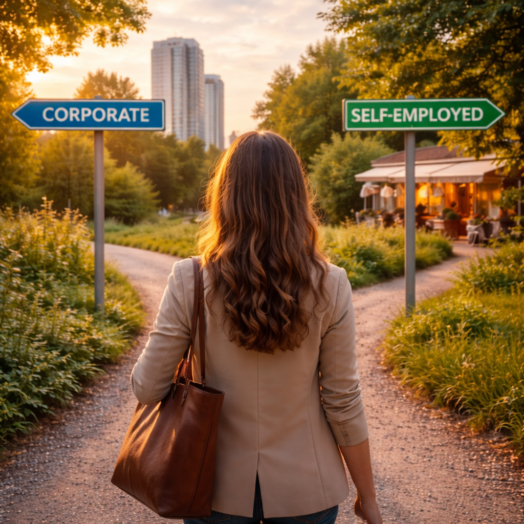Donna di spalle davanti a un bivio che rappresenta una scelta lavorativa tra due percorsi professionali con i quadranti del cashflow in astrologia