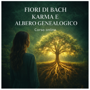 Donna davanti a un albero luminoso con radici dorate simbolo del corso Fiori di Bach Karma e Albero genealogico dedicato al lavoro sulle radici familiari e sui sogni
