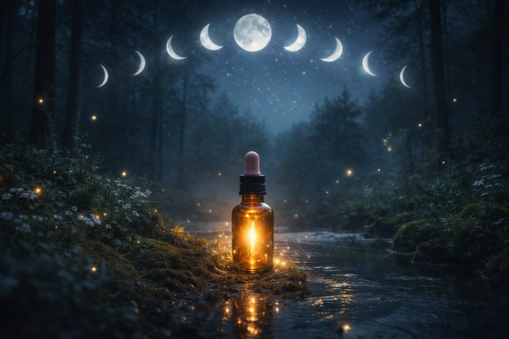 Rimedio floreale illuminato dalla luna in un bosco notturno con fasi lunari sopra un ruscello, simbolo di ritmo interiore e trasformazione consapevole