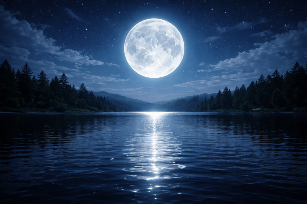 Riflesso della luna piena sull’acqua calma durante la notte, simbolo di ritmo emotivo e ciclicità interiore