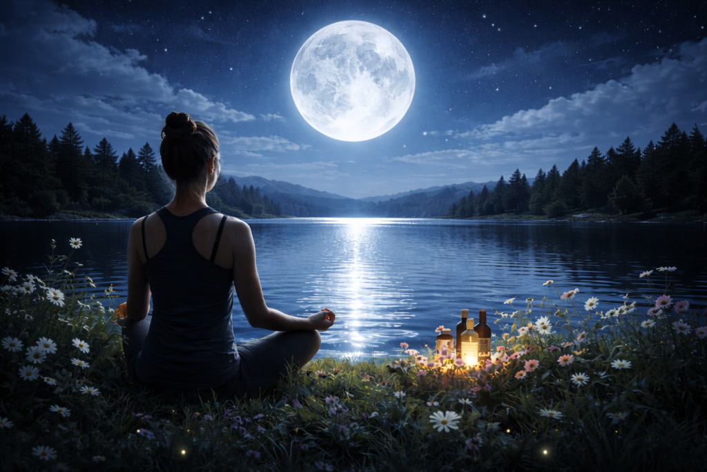 Donna in meditazione sotto la luna piena vicino a un lago, simbolo di introspezione, ciclicità emotiva e Fiori di Bach