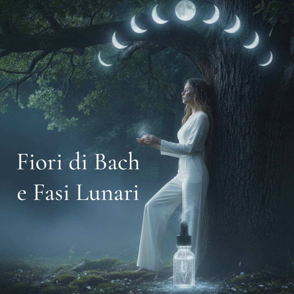 Donna seduta in meditazione sotto un albero in un paesaggio notturno illuminato dalla luna, simbolo di introspezione e lavoro con i Fiori di Bach e le fasi lunari.