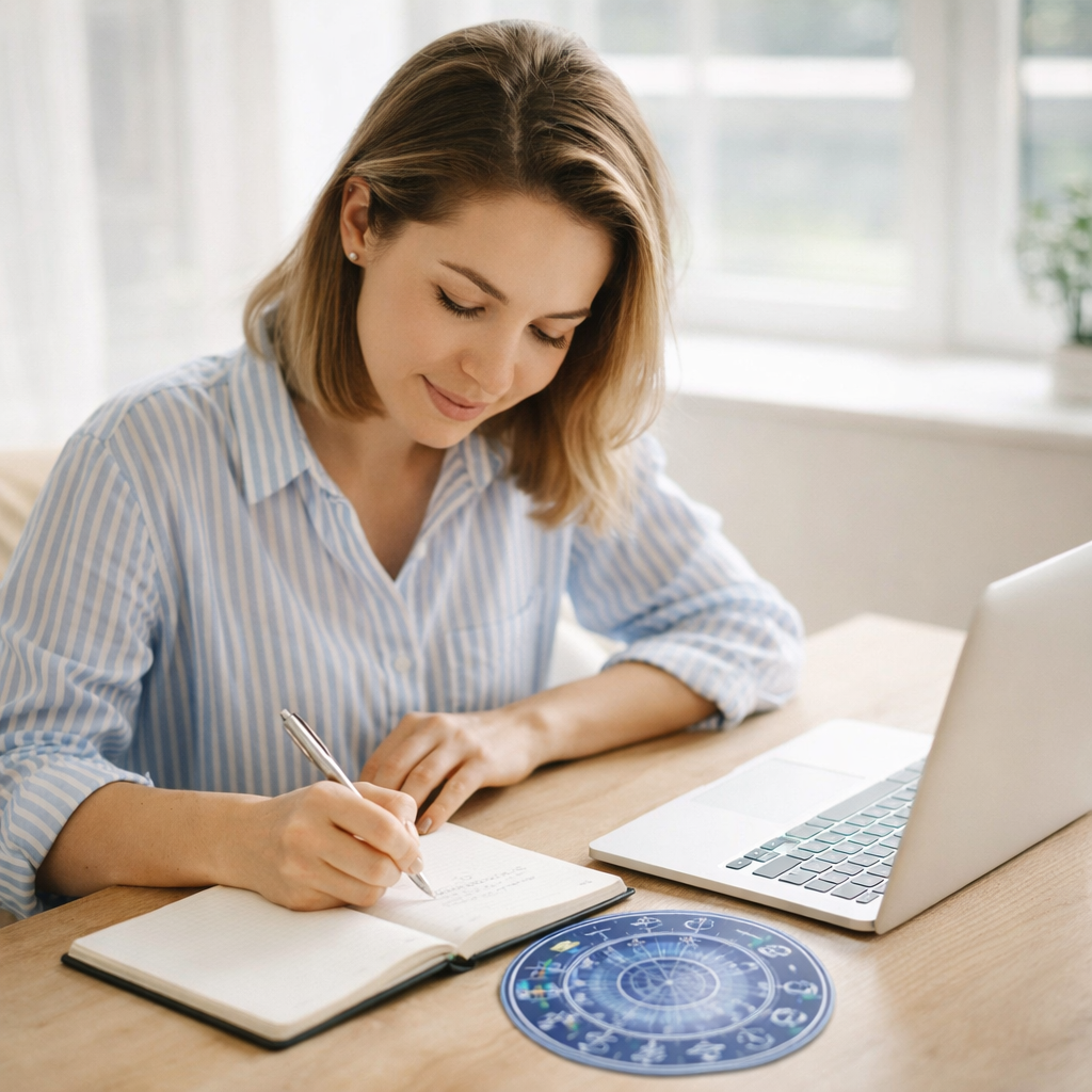 Donna che prende appunti durante un percorso di coaching astrologico online dopo la lettura del tema natale.