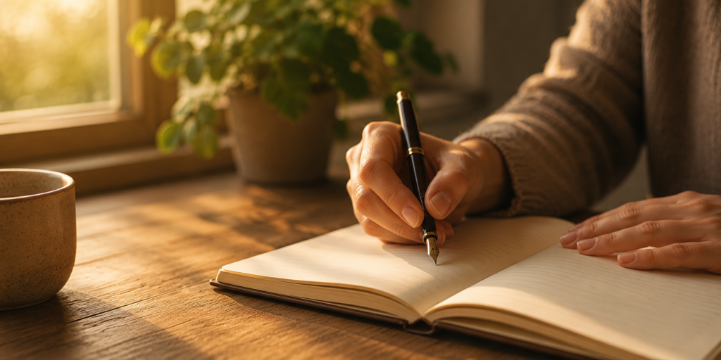 Mani che scrivono su un taccuino con una penna stilografica accanto a una finestra illuminata dalla luce naturale, simbolo di una consulenza personalizzata e di un percorso di orientamento.