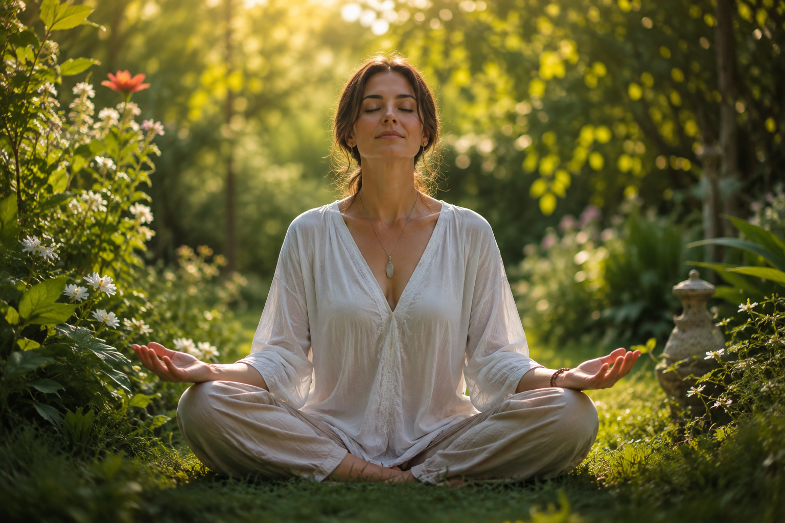 Donna in meditazione nella natura durante una pratica di consapevolezza e ascolto interiore