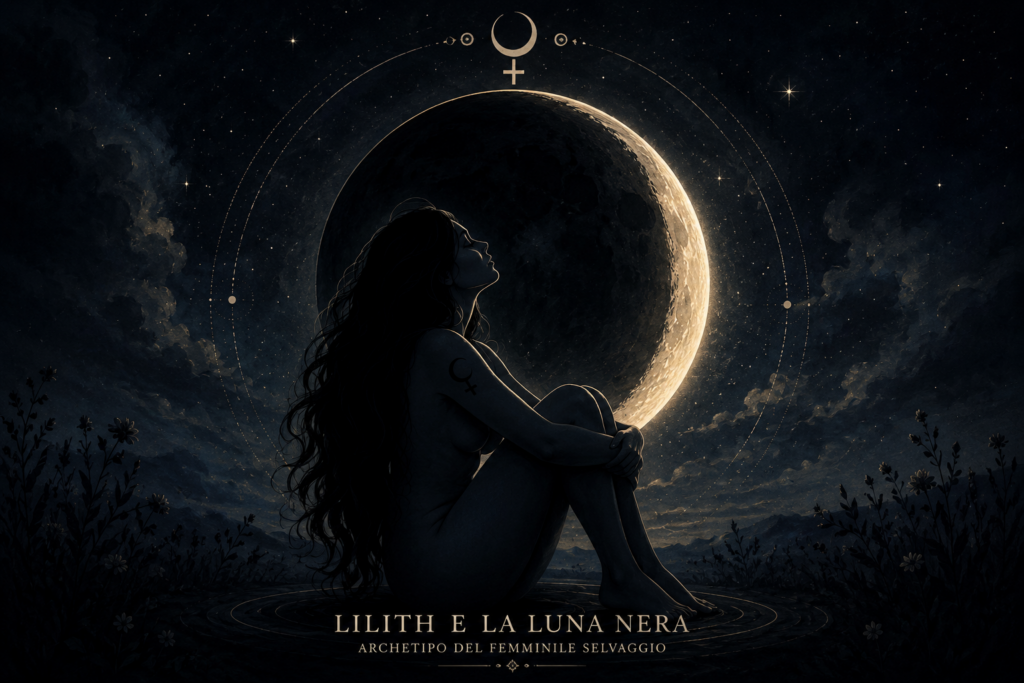 Illustrazione simbolica di Lilith seduta in contemplazione, rappresentazione della Luna Nera e del femminile autentico in astrologia.