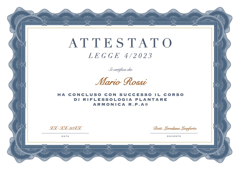 Attestato corso Riflessologia Plantare Armonica r.p.a legge 4/2013