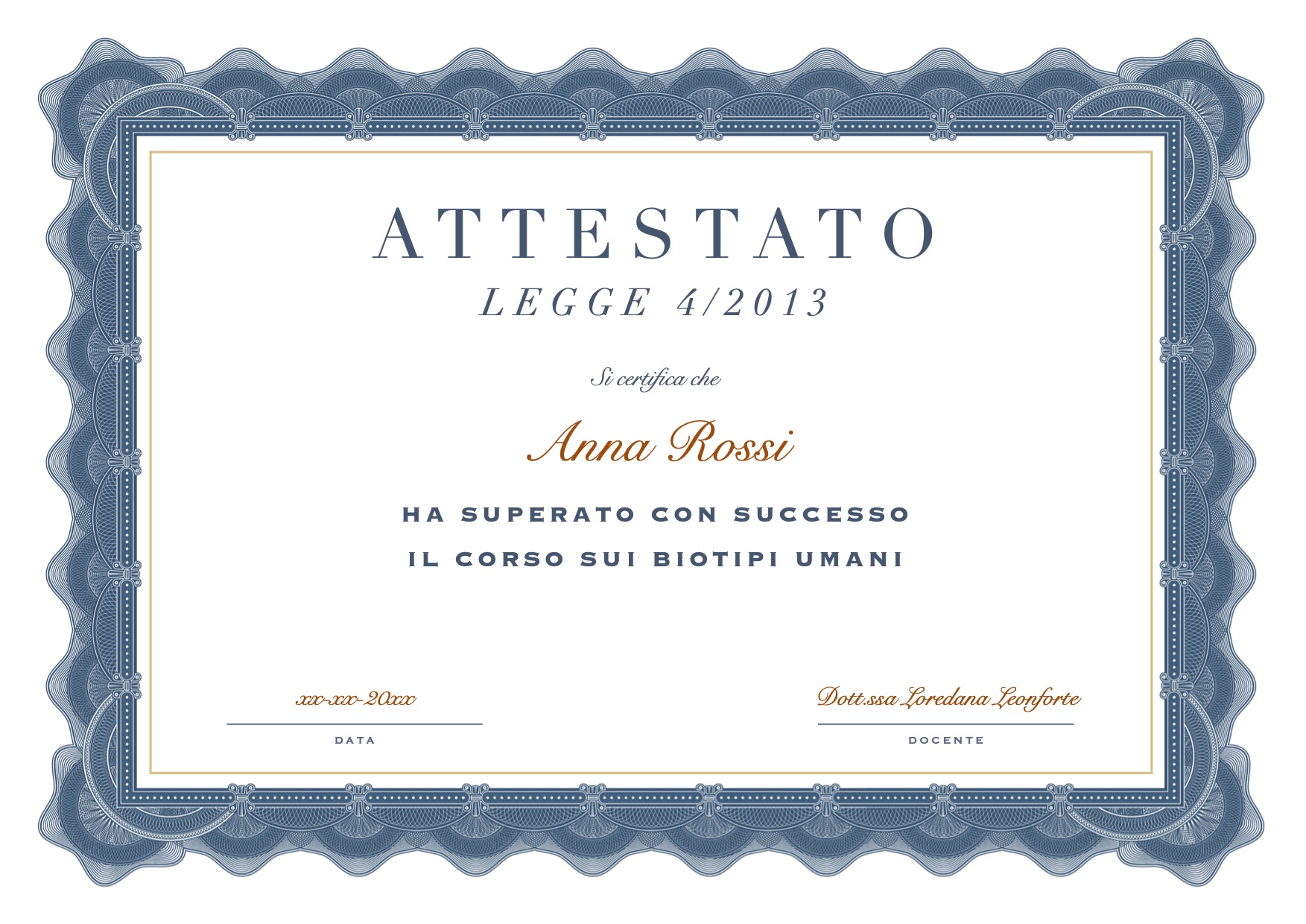 Attestato corso I Biotipi Medicina Olistica e Costituzioni Umane — valido legge 4/2013 — Dott.ssa Loredana Leonforte