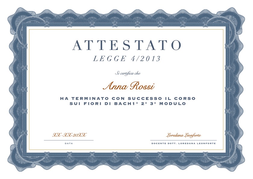 Attestato di completamento corso online Fiori di Bach legge 4/2013