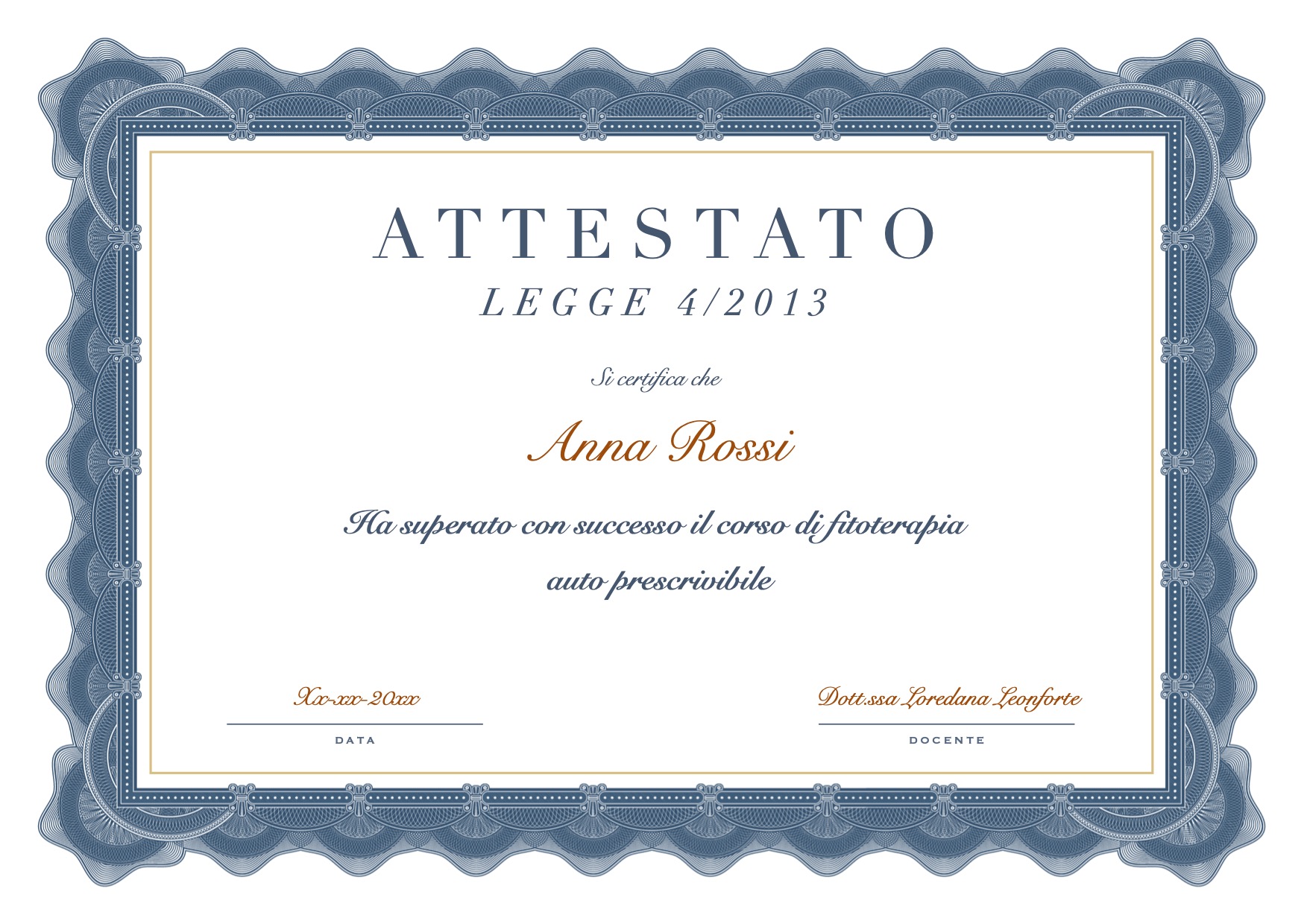 Attestato corso Fitoterapia e Rimedi Naturali — valido legge 4/2013