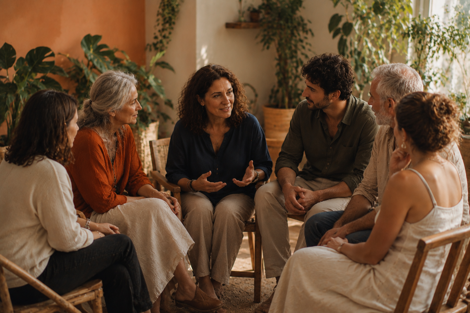 Gruppo di persone di diverse età sedute in cerchio in conversazione autentica, community di Dott.ssa Loredana Leonforte
