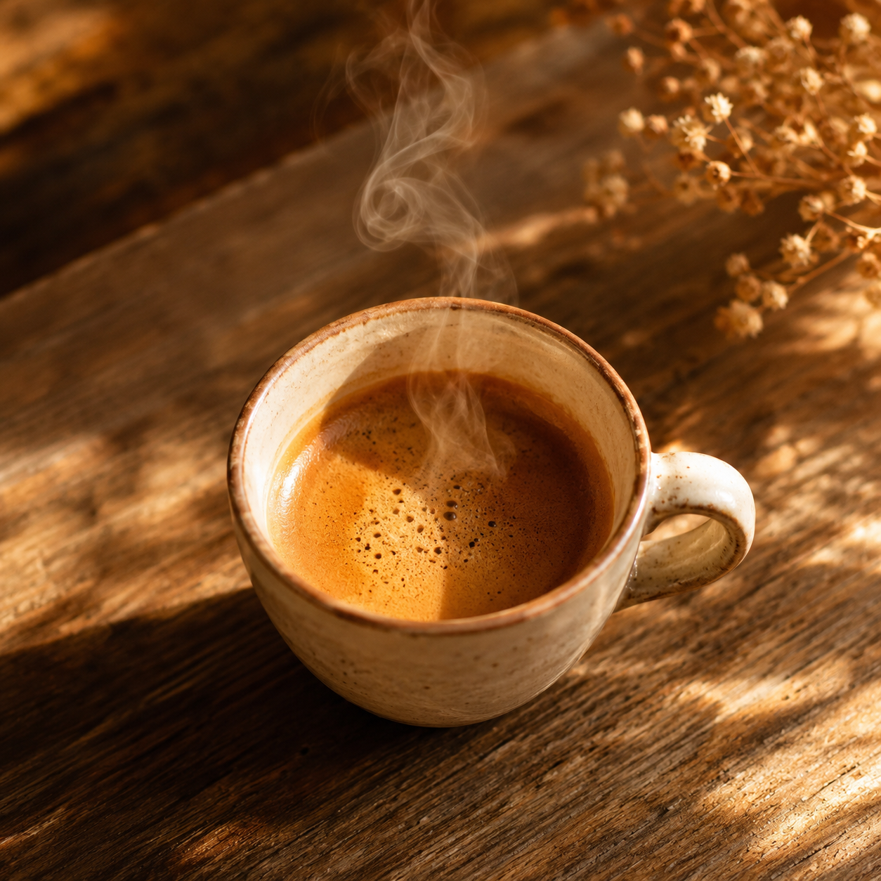 Tazzina di caffè espresso su superficie in legno, atmosfera calda e rilassata