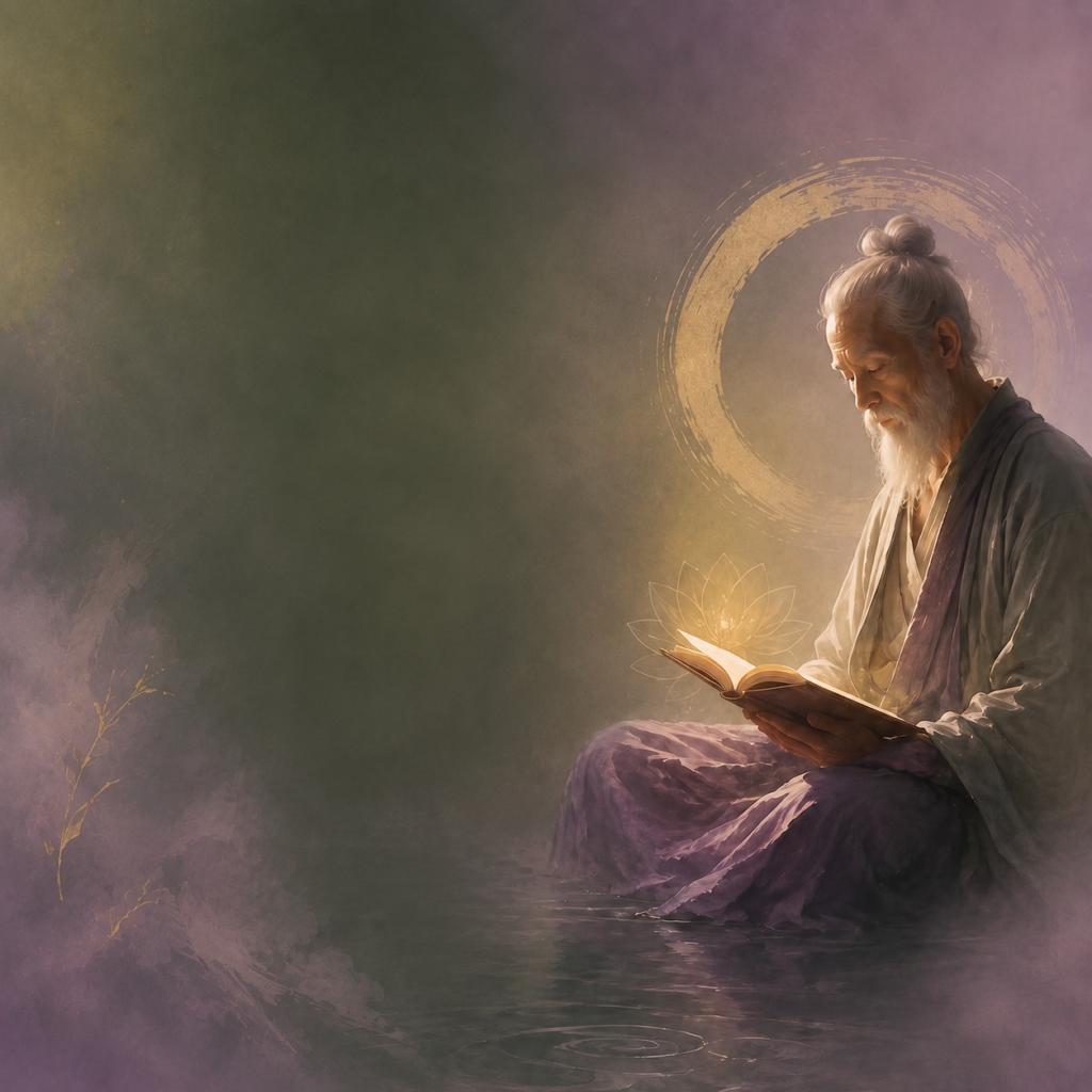 Saggio taoista che legge un libro luminoso avvolto dall'ensō dorato, illustrazione del corso Fiori di Bach e Karma Racconti taumaturgici di Loredana Leonforte