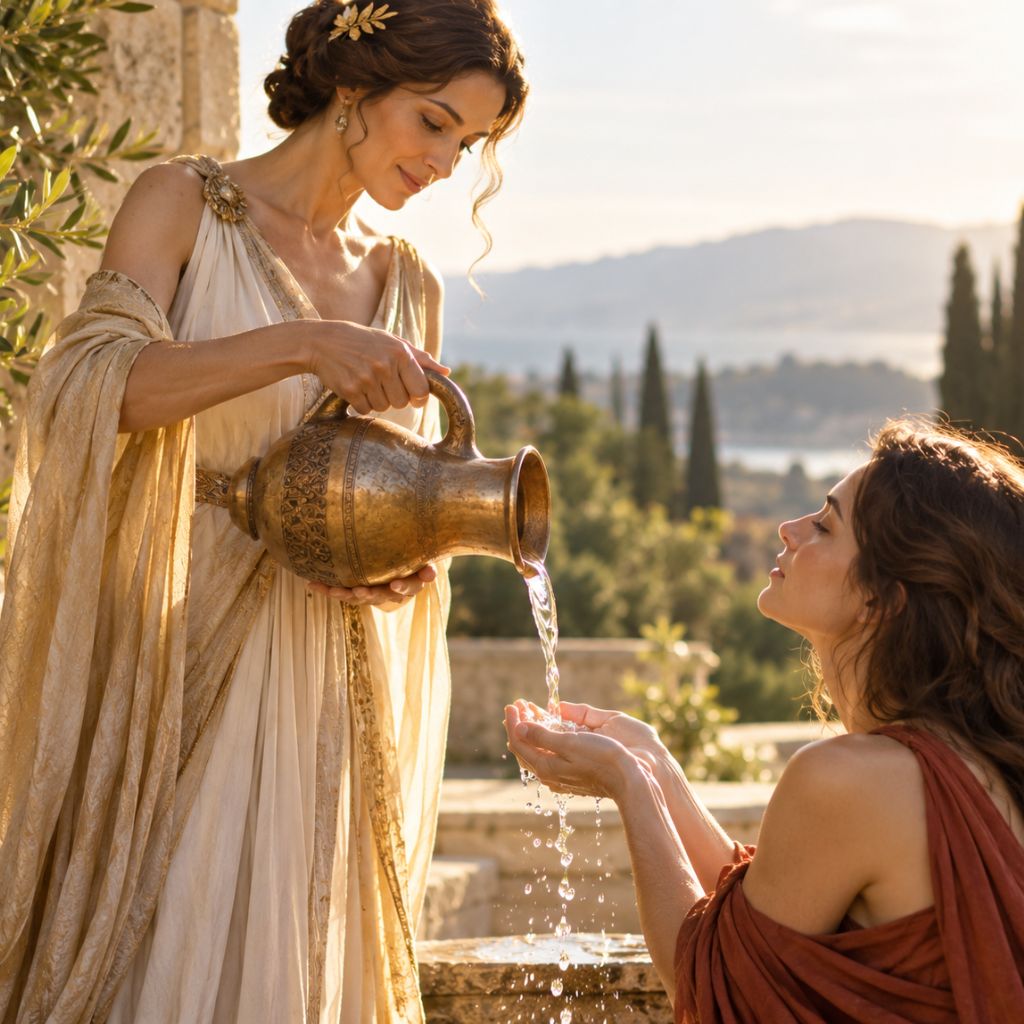 Donna con abiti eleganti di ispirazione antica versa acqua da una brocca nelle mani di una persona inginocchiata, simbolo del diritto di ricevere e dell'accoglienza.